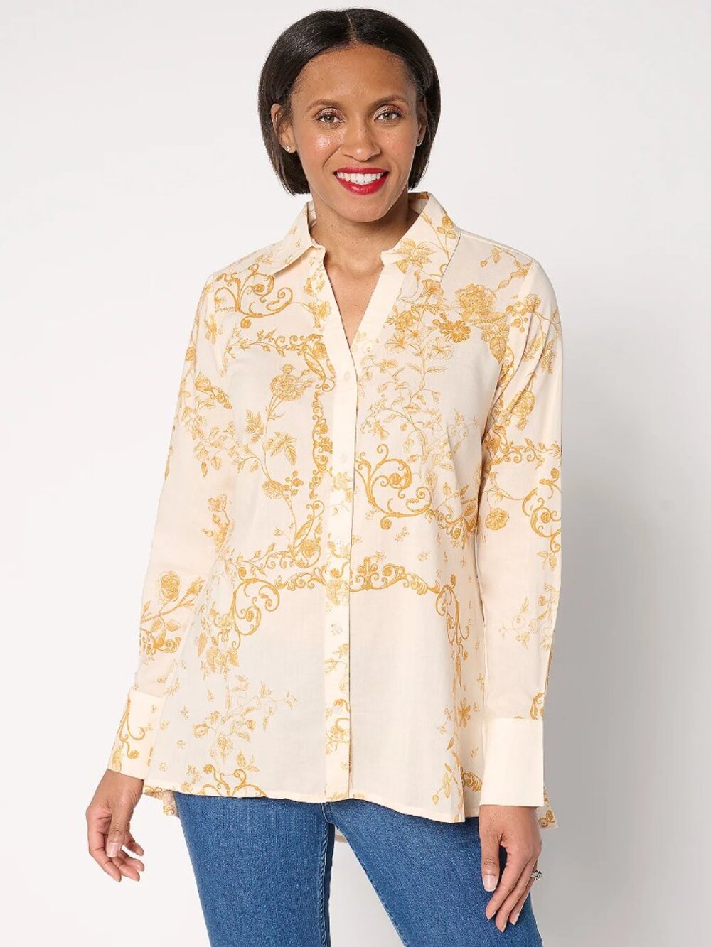 BEAUTIFUL by Lawrence Zarian Regular High-Low Printed Shirt, Sz M a680677